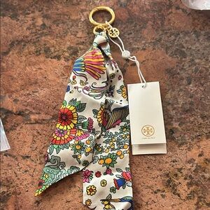 Tory Burch Floral Silk Scarf Keychain - Gold and Multicolor